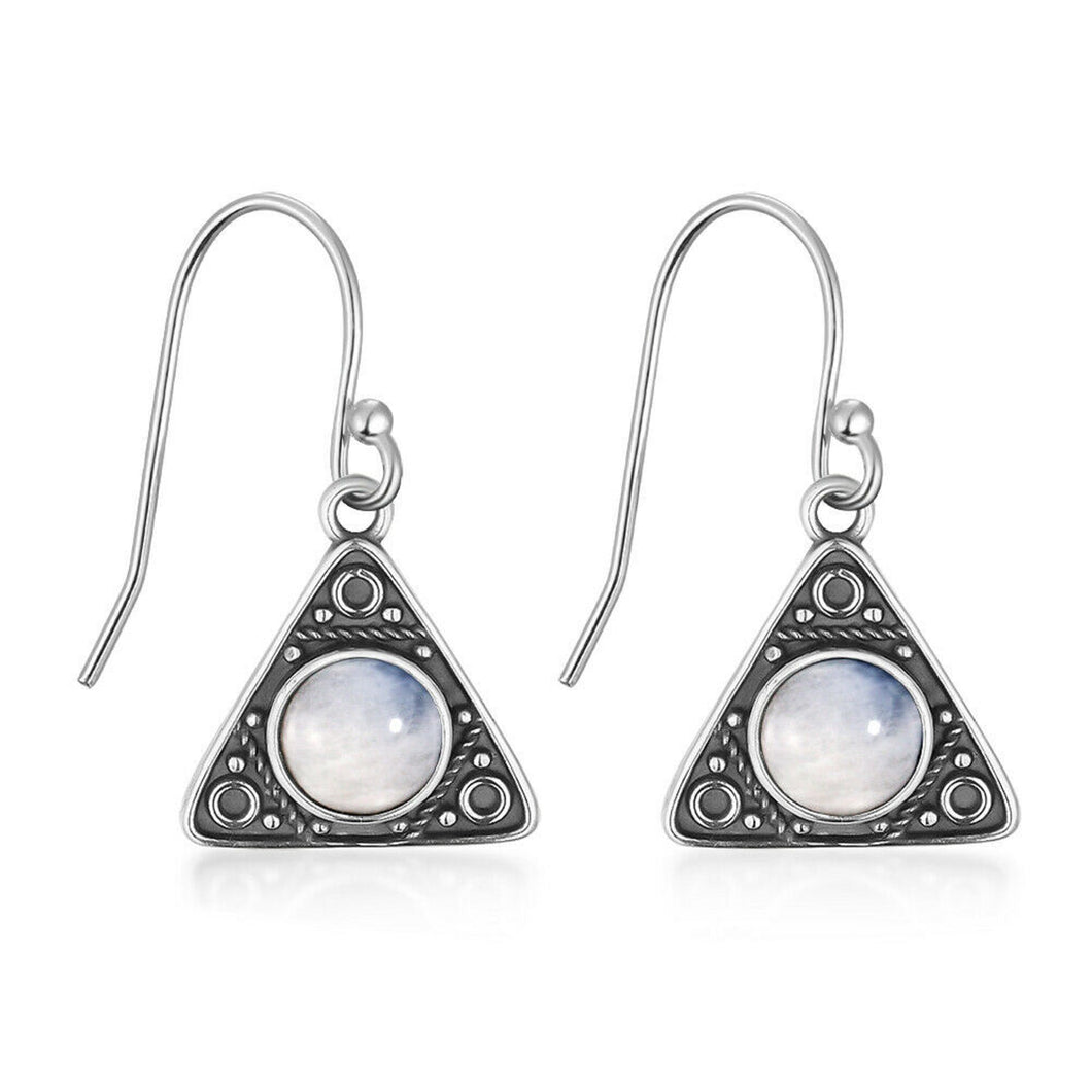 Ladies Sterling Silver Triangle Moonstone Vintage Hook Earrings
