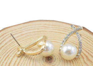 Ladies Gold Plated Cross Pearl Crystal Stud Earrings