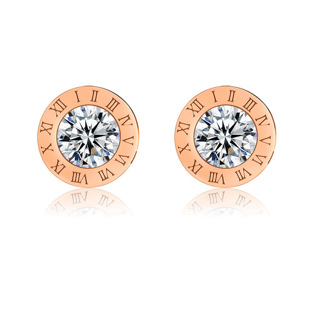 Unisex Rose Gold Round Crystal Centre Anti Allergy Stainless Steel Numeral Earrings