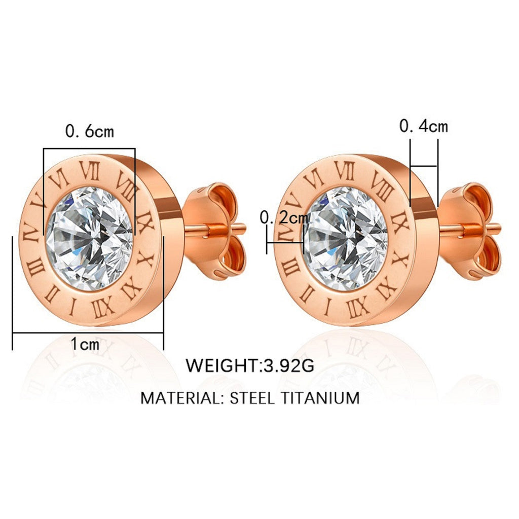 Unisex Rose Gold Round Crystal Centre Anti Allergy Stainless Steel Numeral Earrings