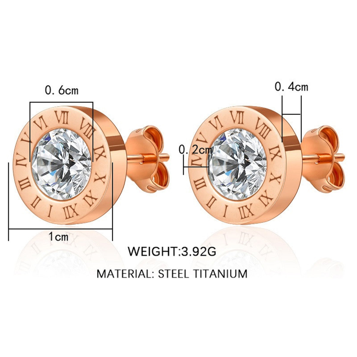 Unisex Rose Gold Round Crystal Centre Anti Allergy Stainless Steel Numeral Earrings