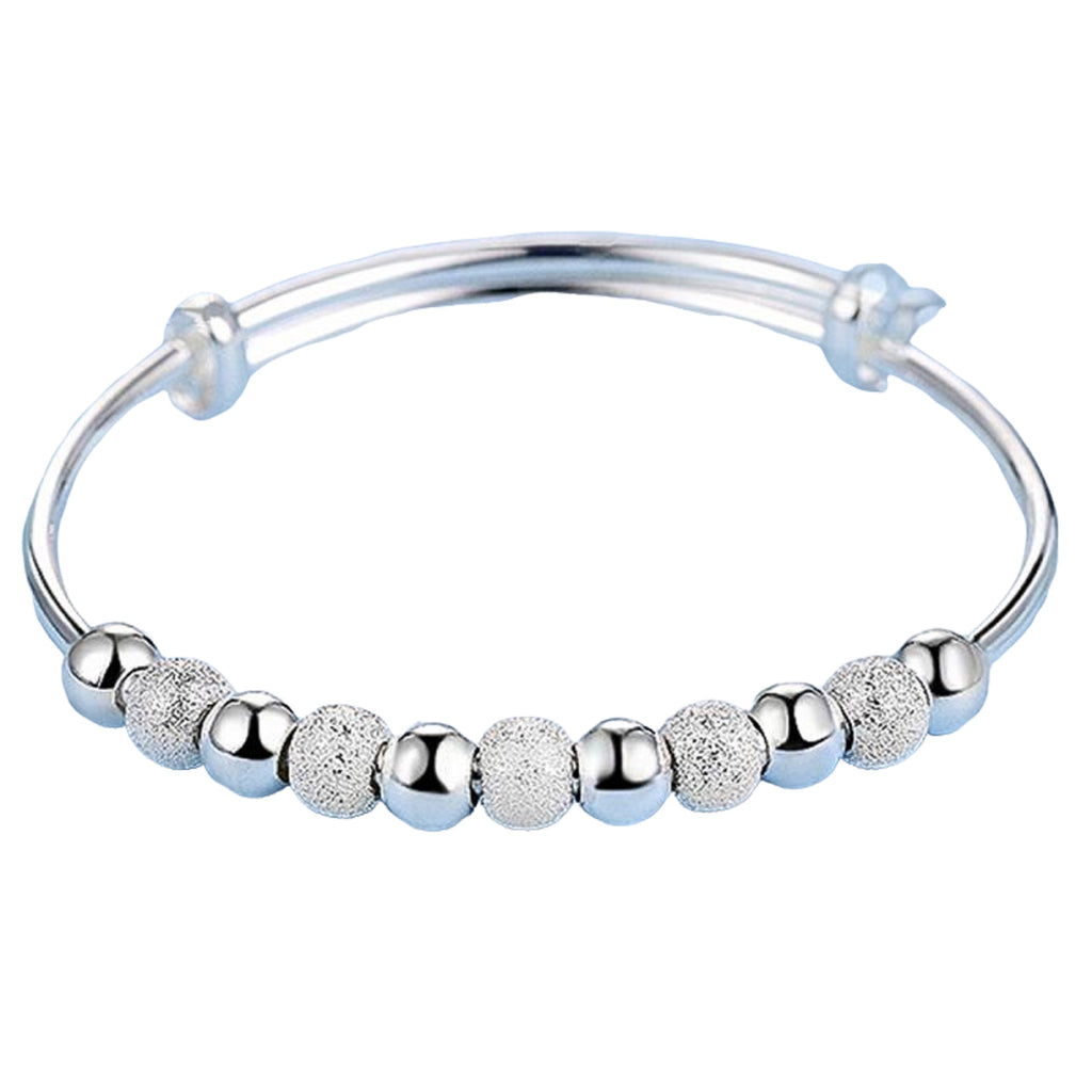 Ladies 925 Sterling Silver Smooth Frosty Beads Adjustable Bracelet Womens Bangles