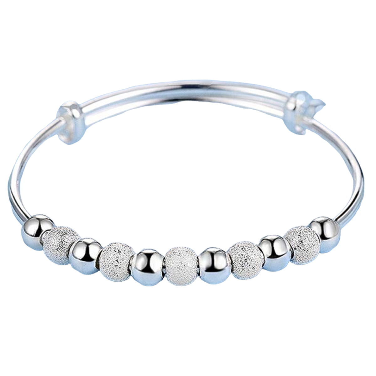 Ladies 925 Sterling Silver Smooth Frosty Beads Adjustable Bracelet Womens Bangles