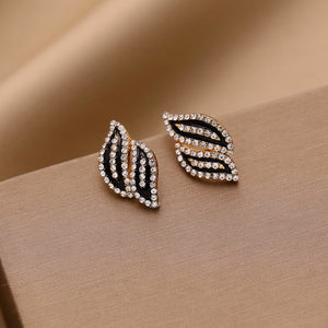 Ladies Full Crystal Rhinestone Black Enamel Double Leaves Stud Earrings