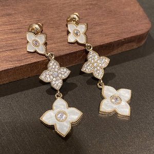 Ladies White Four-Leaf Clover Zircon Crystal Dangling Stud Earrings