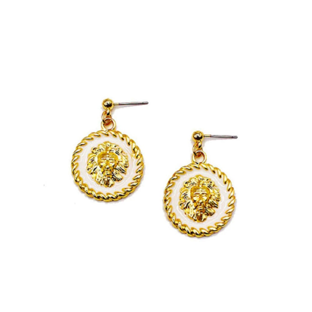 Lion Head Medusa Medallion White Enamel Coin Earrings