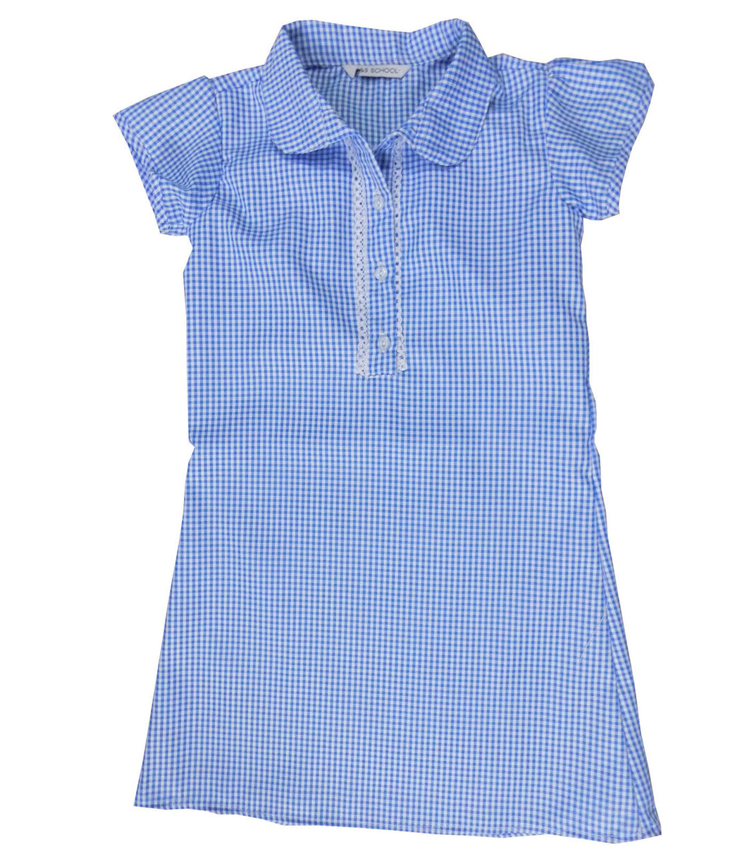 Girls Front Lace Buttoned Panel Collared Gingham School Dress