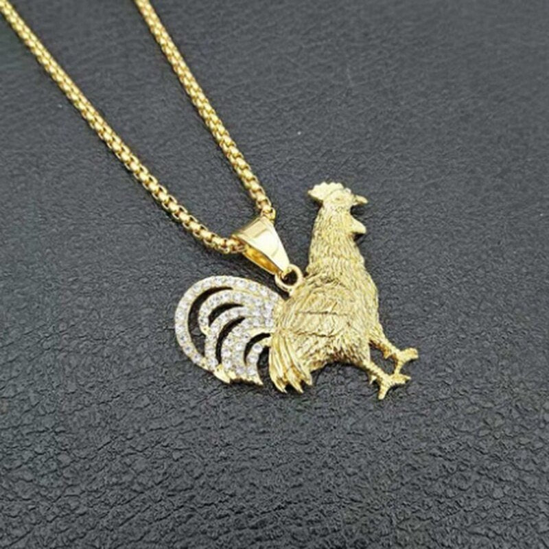 Unisex Gold Plated Rooster & Crystals Pendant Twist Chain Necklace