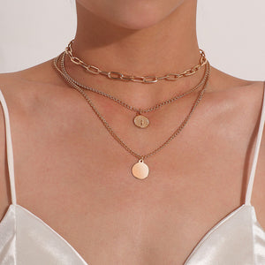 Ladies 18K Gold Plated Coin letter Pendants 3 Tier Link Layered Chain Necklace