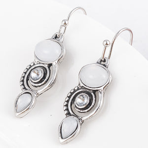 Ladies Vintage Silver White Moonstone Spiral Crystal Drop Dangle Hook Earrings