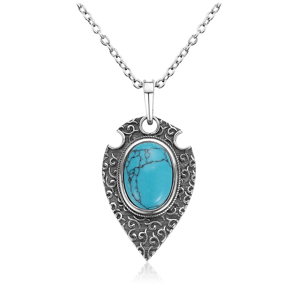 Ladies 925 Silver Retro Oval Turquoise Gemstone Pendant Link Chain Necklace