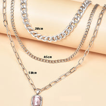 Load image into Gallery viewer, Ladies Silver 3Tier Multi Layer Circle Link Rectangular Crystal Pendant Necklace

