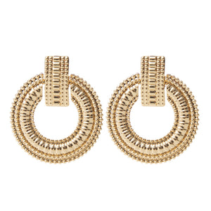 Ladies Gold Round Ring Disc Statement Geometric Interlock Panel Stud Earrings