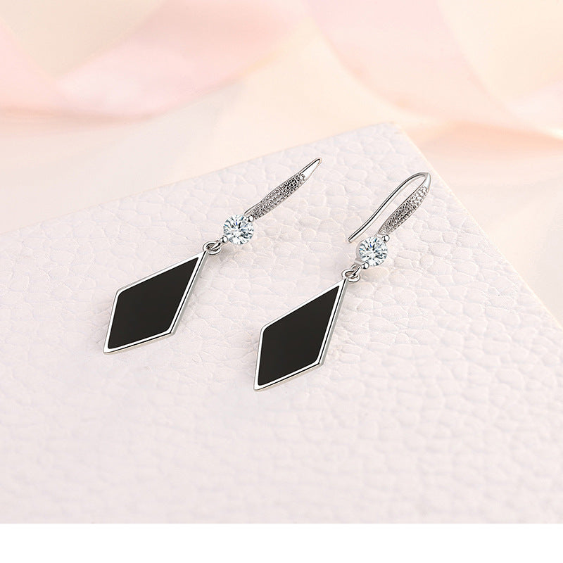 Ladies Sterling Silver Black Enamel Triangle Real Crystal Hook Dangle Earrings