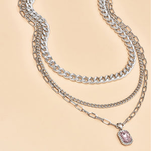 Ladies Silver 3Tier Multi Layer Circle Link Rectangular Crystal Pendant Necklace