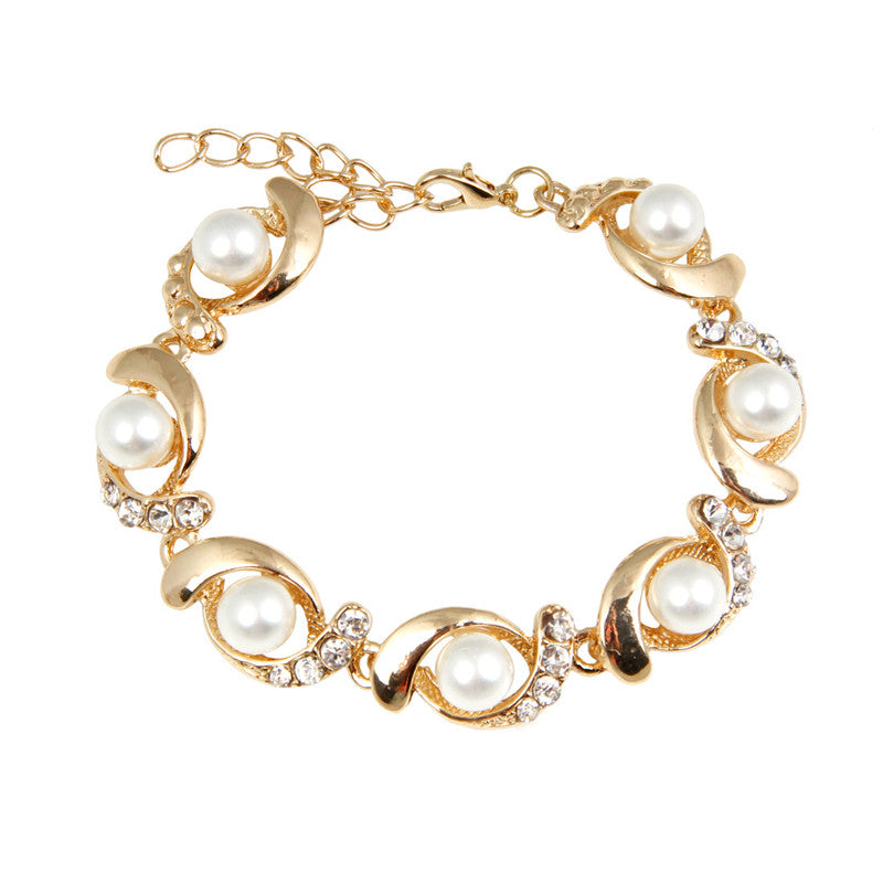 Ladies Simulated Pearl Crystal Twirl Link Adjustable Bracelet