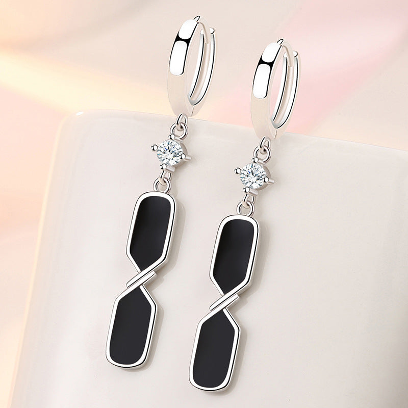 Ladies Black Enamel Square Real 925 Sterling Silver Crystal Drop Earrings