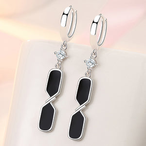 Ladies Black Enamel Square Real 925 Sterling Silver Crystal Drop Earrings