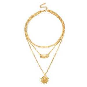 Ladies Gold 3Tier Multi Layer Sun Cutout Wall Choker Wheat Chain Party Necklace