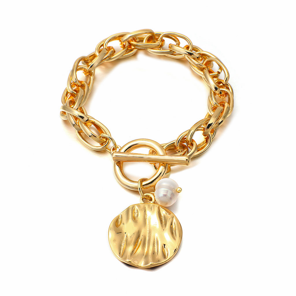 Ladies Gold Chunky InterLink Small Pearl Circle Charms Toggle Clasp Bracelets