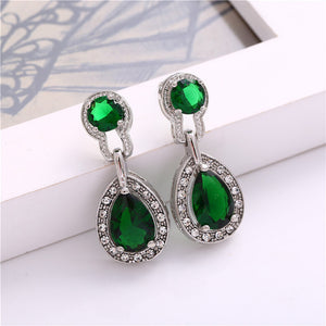 Ladies Sterling Silver Water Drop Austrian Green Emerald Crystal Necklace Sets