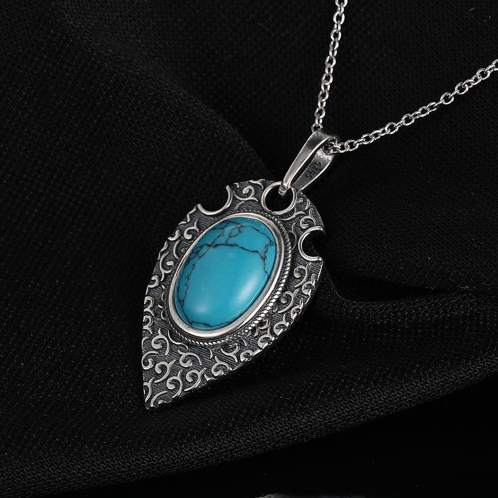 Ladies 925 Silver Retro Oval Turquoise Gemstone Pendant Link Chain Necklace