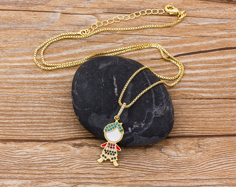 Ladies Girls Gold Rainbow Crystals Mini Girl Cute Pendant Link Chain Necklace