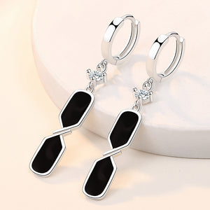 Ladies Black Enamel Square Real 925 Sterling Silver Crystal Drop Earrings