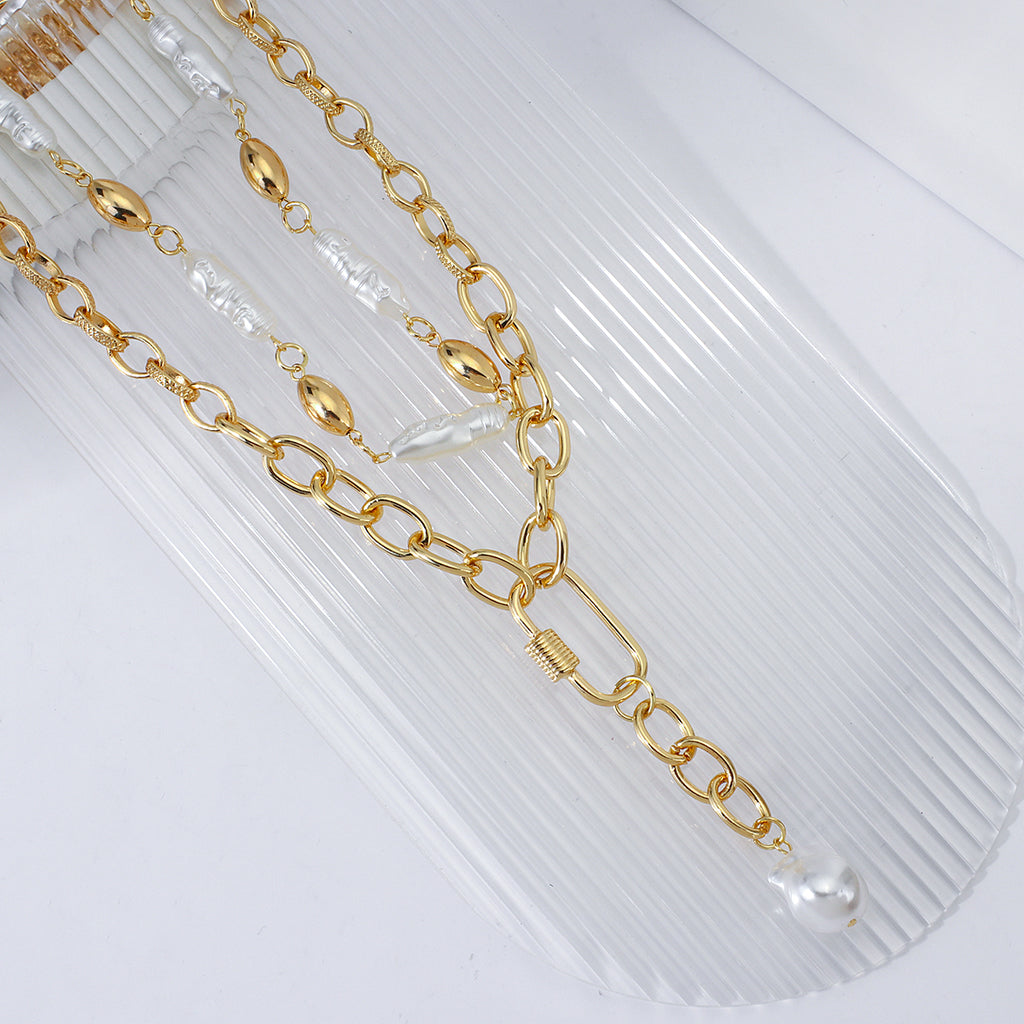 Ladies Gold Pearl Chunky Baroque Irregular Metal Toggle Clasp 2 Tier Necklace