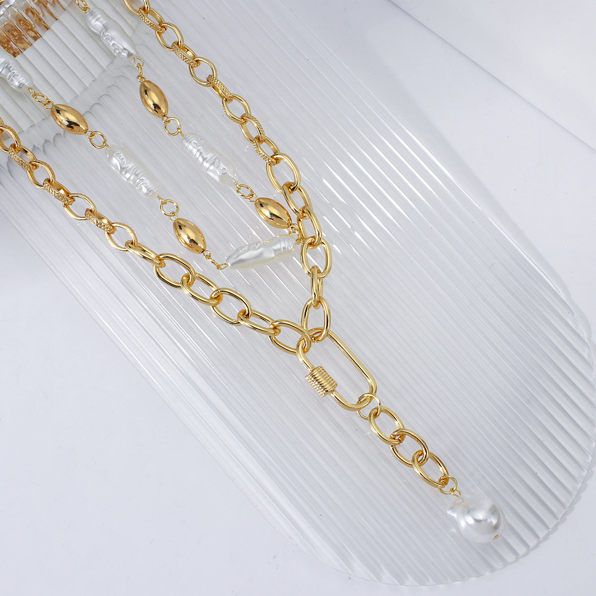 Ladies Gold Pearl Chunky Baroque Irregular Metal Toggle Clasp 2 Tier Necklace