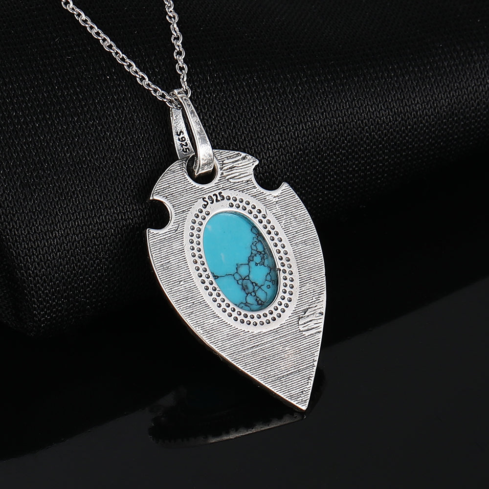 Ladies 925 Silver Retro Oval Turquoise Gemstone Pendant Link Chain Necklace