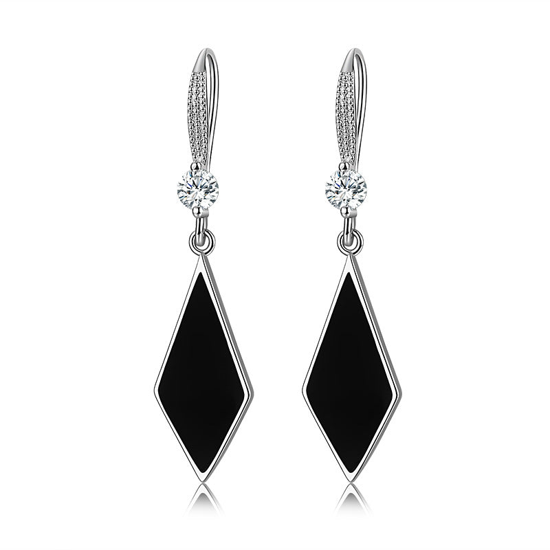 Ladies Sterling Silver Black Enamel Triangle Real Crystal Hook Dangle Earrings