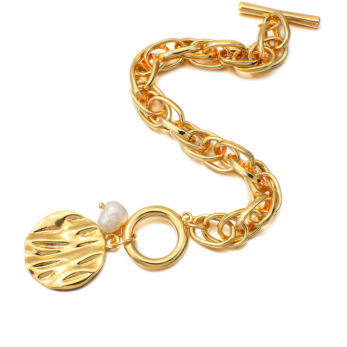 Ladies Gold Chunky InterLink Small Pearl Circle Charms Toggle Clasp Bracelets