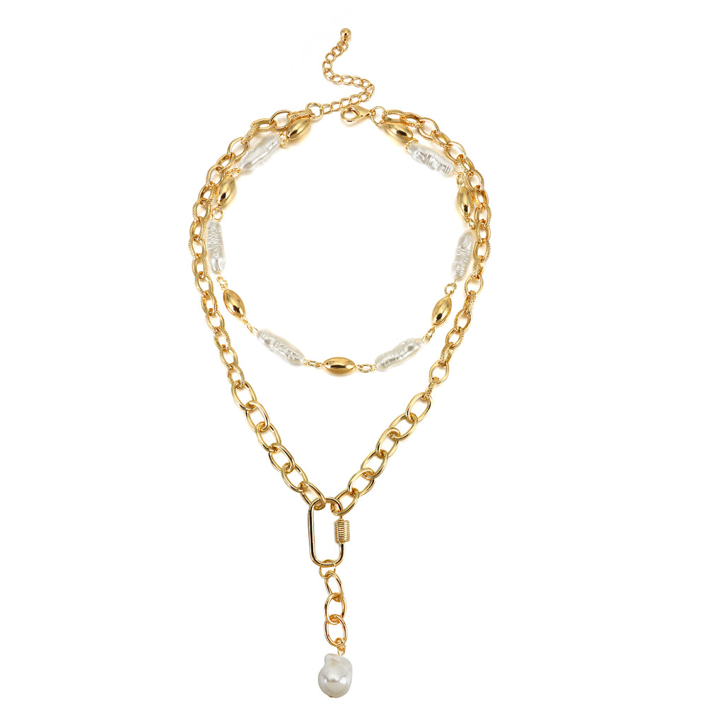 Ladies Gold Pearl Chunky Baroque Irregular Metal Toggle Clasp 2 Tier Necklace