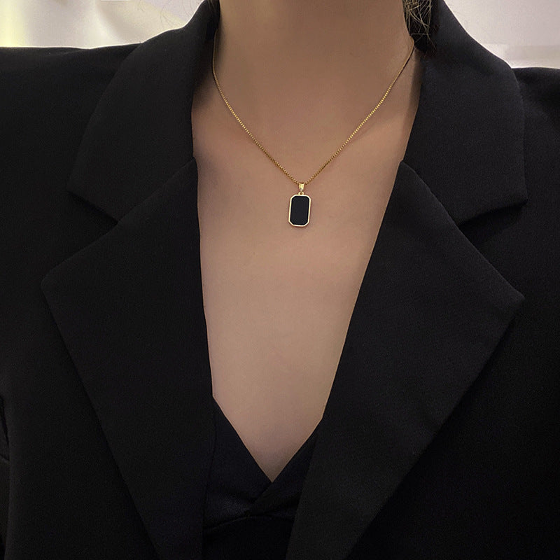 Unisex Black Enamel Stainless Steel Minimalist Rectangular Pendant Necklace Set