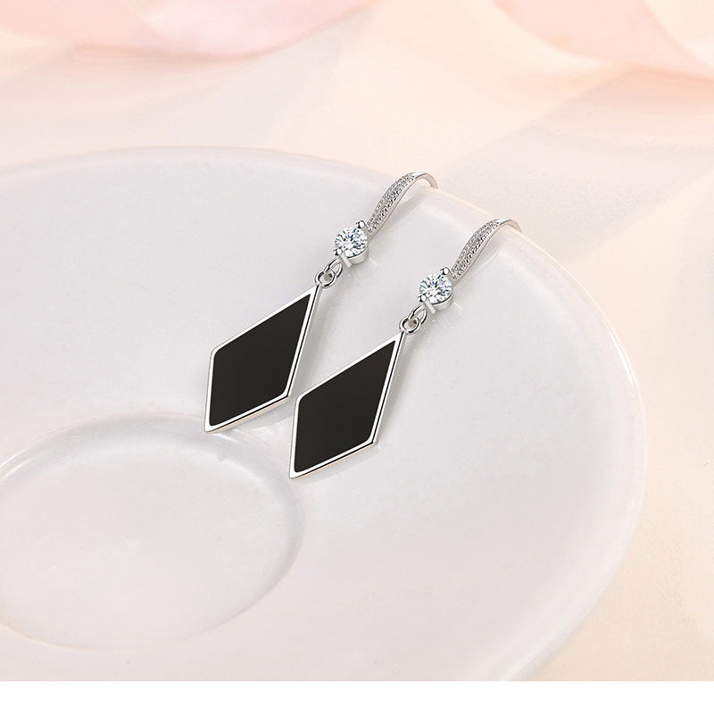 Ladies Sterling Silver Black Enamel Triangle Real Crystal Hook Dangle Earrings