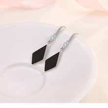 Load image into Gallery viewer, Ladies Sterling Silver Black Enamel Triangle Real Crystal Hook Dangle Earrings
