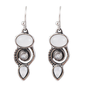 Ladies Vintage Silver White Moonstone Spiral Crystal Drop Dangle Hook Earrings