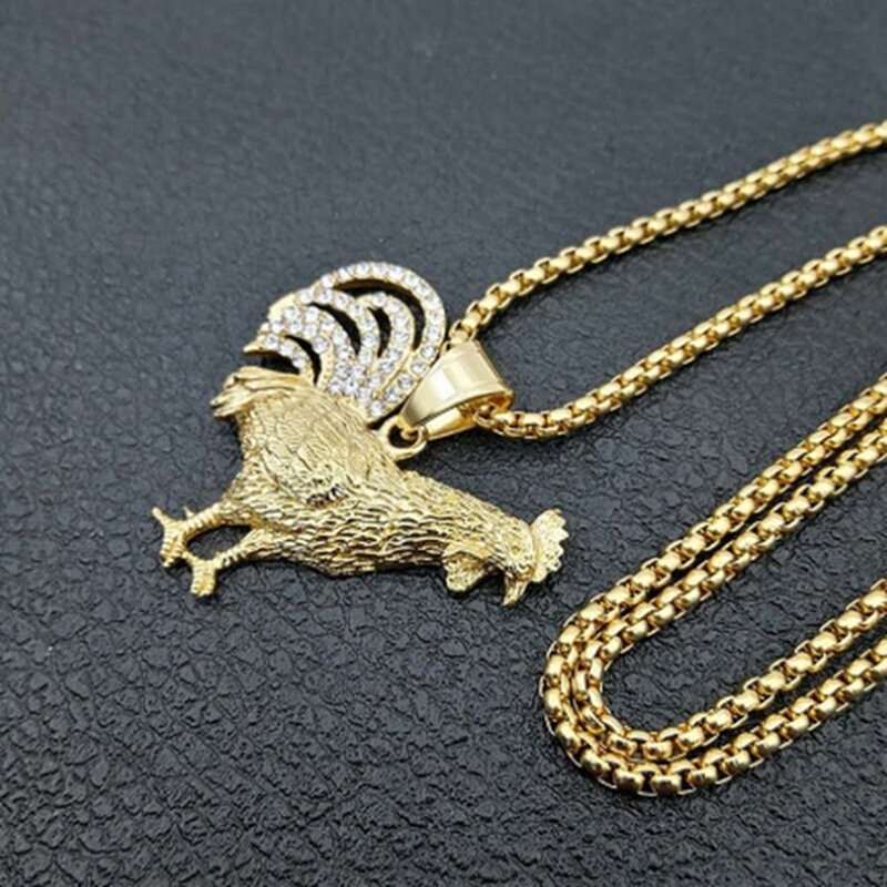 Unisex Gold Plated Rooster & Crystals Pendant Twist Chain Necklace
