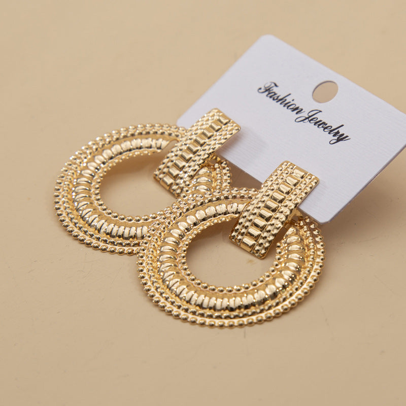 Ladies Gold Round Ring Disc Statement Geometric Interlock Panel Stud Earrings