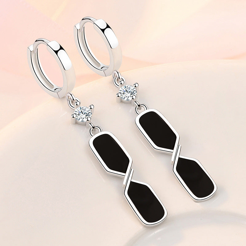 Ladies Black Enamel Square Real 925 Sterling Silver Crystal Drop Earrings