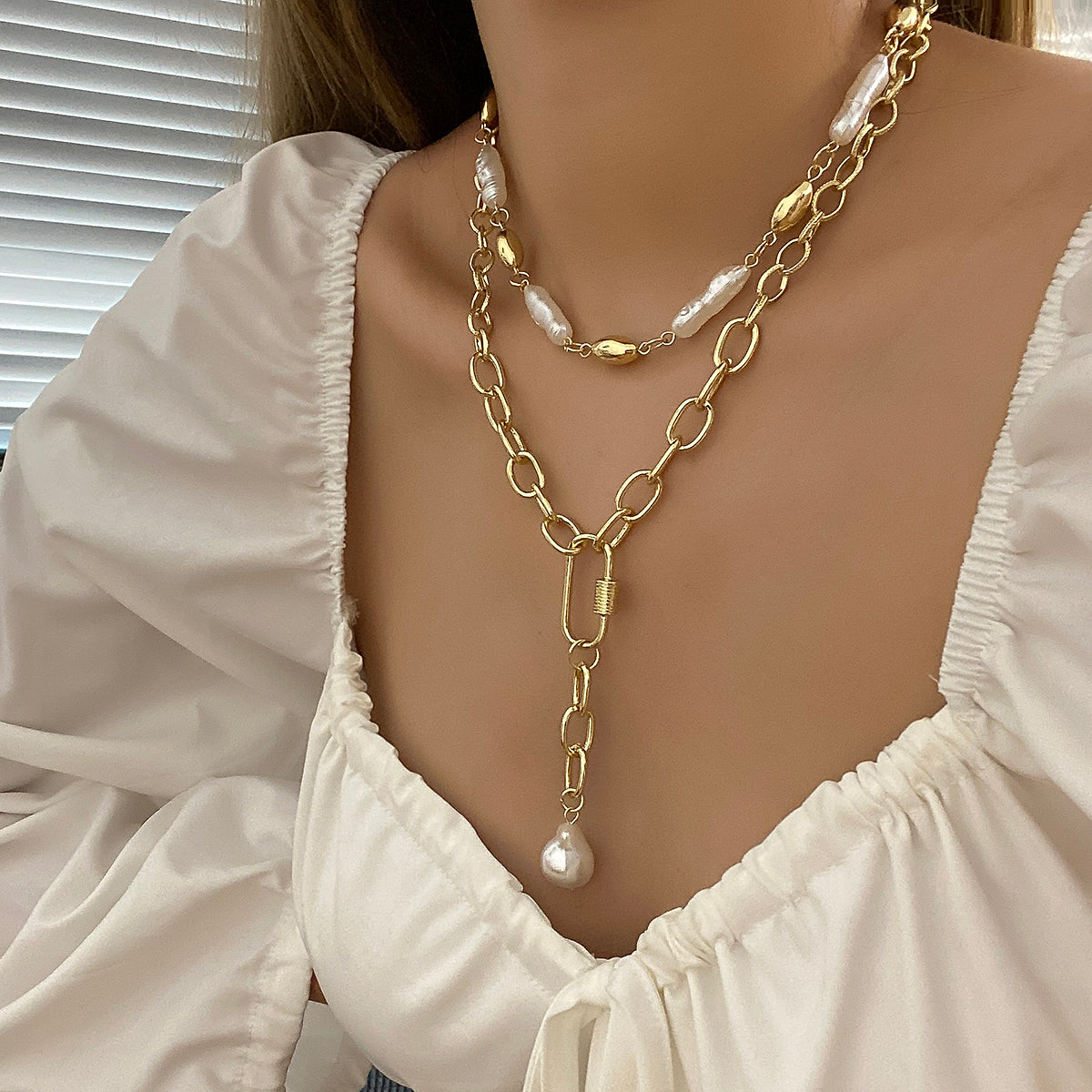 Ladies Gold Pearl Chunky Baroque Irregular Metal Toggle Clasp 2 Tier Necklace