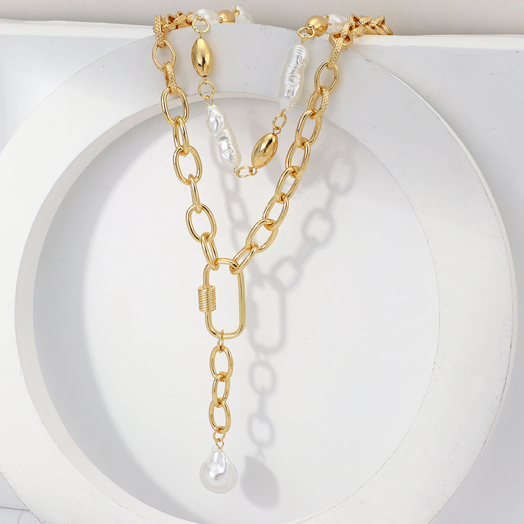 Ladies Gold Pearl Chunky Baroque Irregular Metal Toggle Clasp 2 Tier Necklace