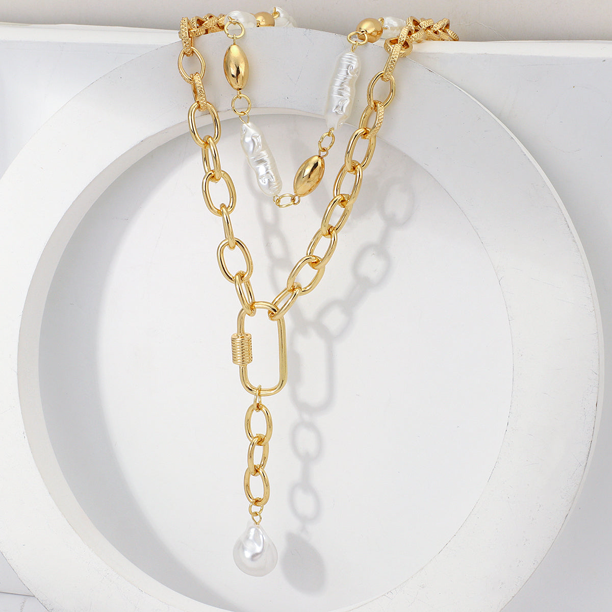 Ladies Gold Pearl Chunky Baroque Irregular Metal Toggle Clasp 2 Tier Necklace