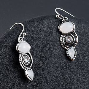 Ladies Vintage Silver White Moonstone Spiral Crystal Drop Dangle Hook Earrings