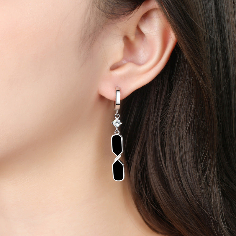 Ladies Black Enamel Square Real 925 Sterling Silver Crystal Drop Earrings