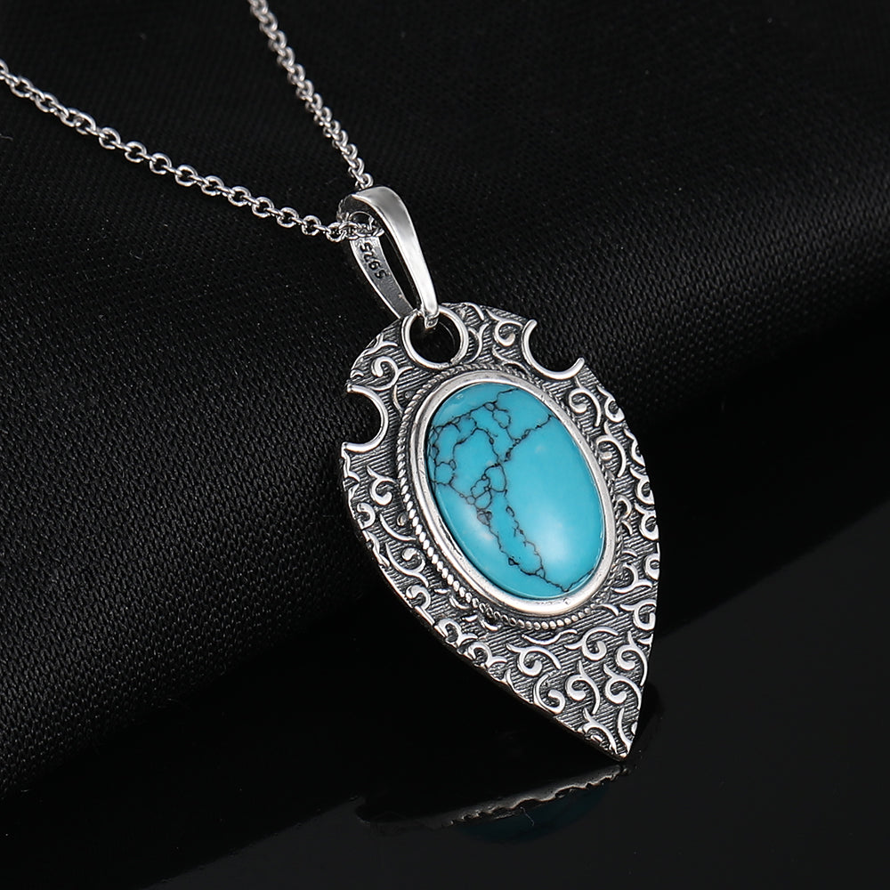 Ladies 925 Silver Retro Oval Turquoise Gemstone Pendant Link Chain Necklace