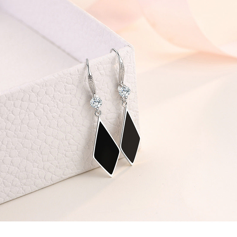 Ladies Sterling Silver Black Enamel Triangle Real Crystal Hook Dangle Earrings
