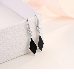 Ladies Sterling Silver Black Enamel Triangle Real Crystal Hook Dangle Earrings