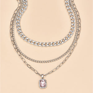 Ladies Silver 3Tier Multi Layer Circle Link Rectangular Crystal Pendant Necklace